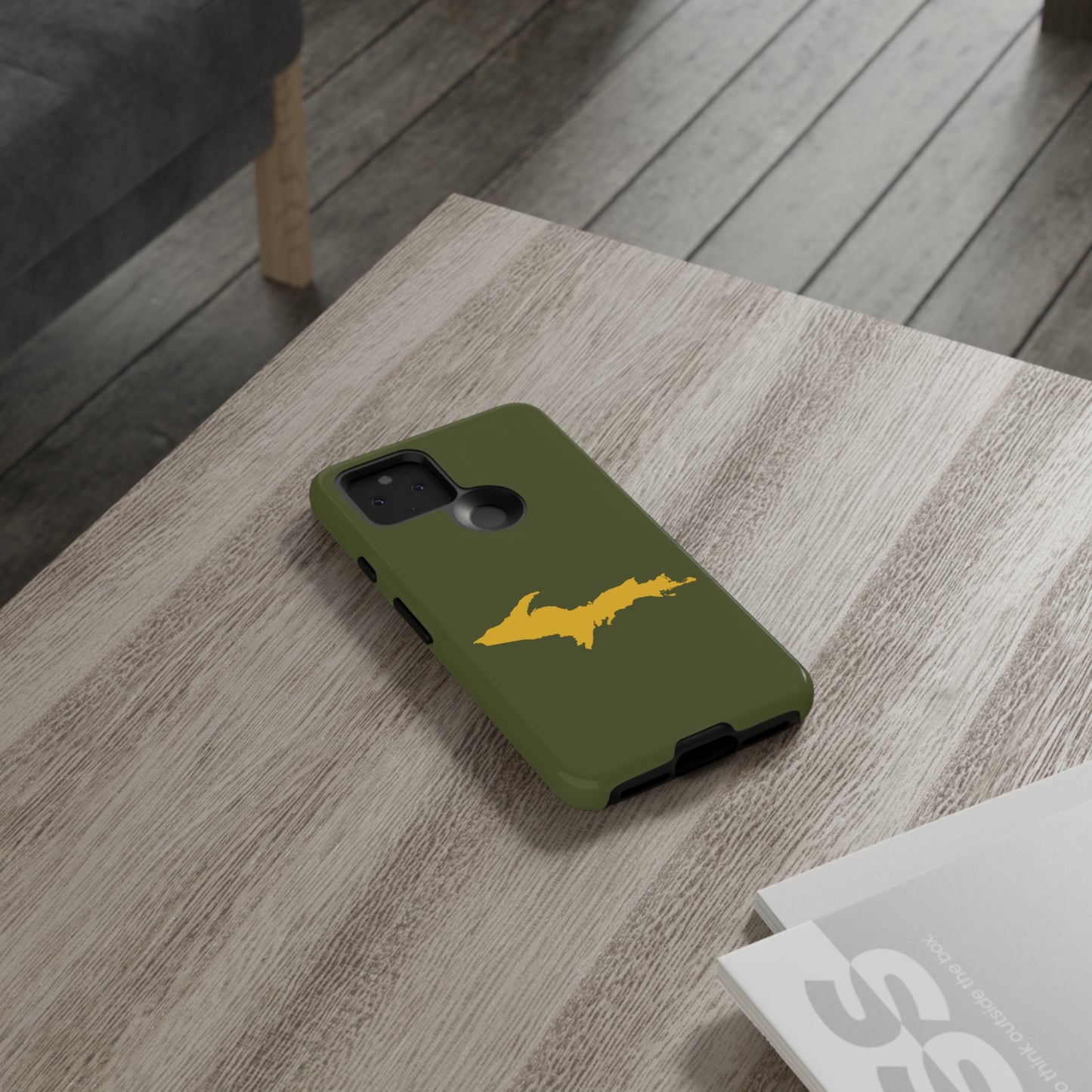 Michigan Upper Peninsula Tough Phone Case (Army Green w/ Gold UP Outline) | Samsung & Pixel Android