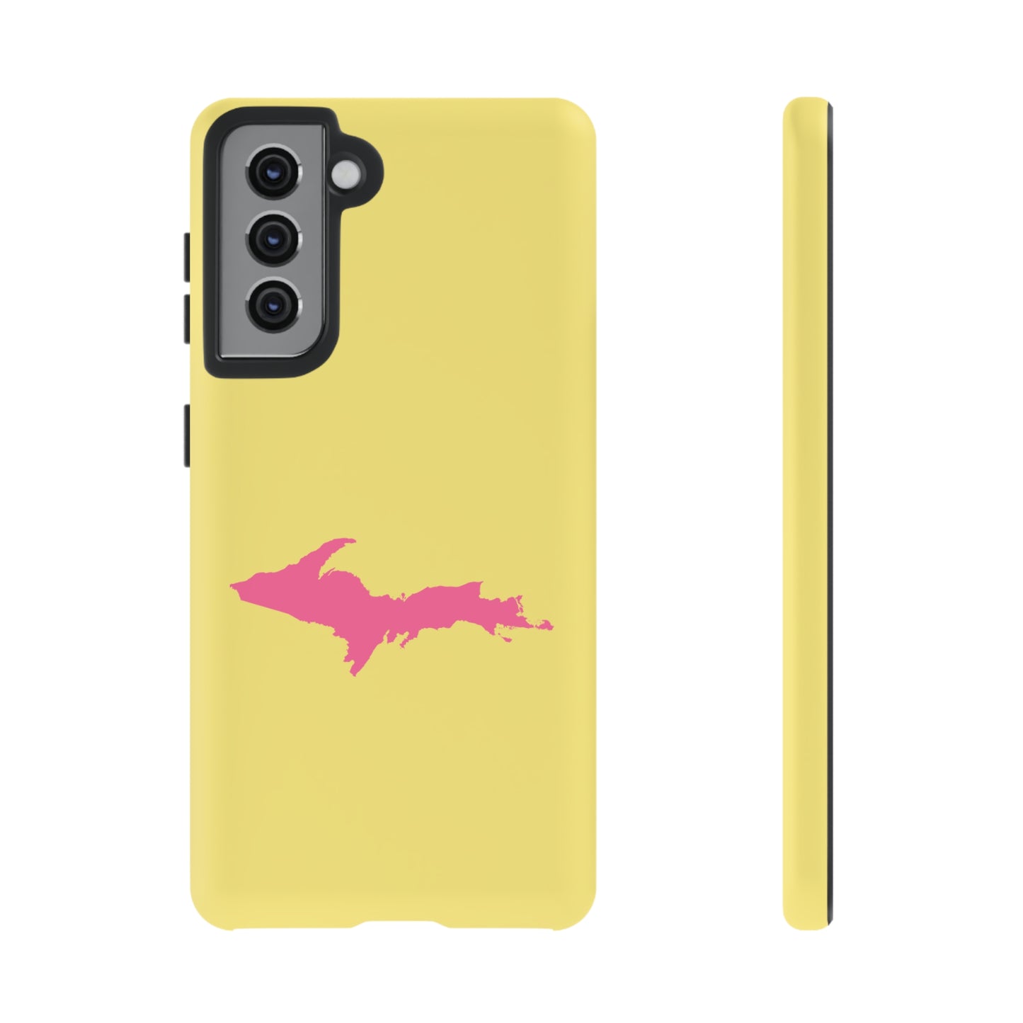 Michigan Upper Peninsula Tough Phone Case (Yellow Cherry Color w/ Pink UP Outline) | Samsung & Pixel Android