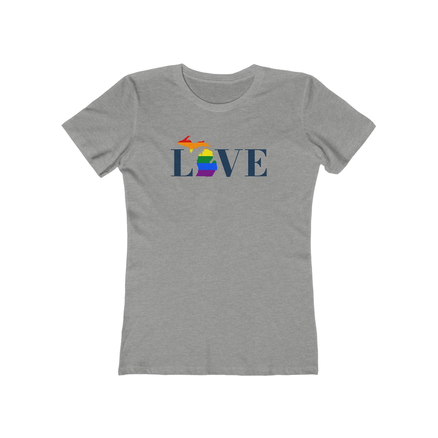 Michigan 'Love' T-Shirt (Didone Font w/ MI Pride Flag) | Women's Boyfriend Cut