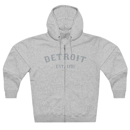 'Detroit EST. 1701' Hoodie (Silver Ballpark Font) | Unisex Full Zip