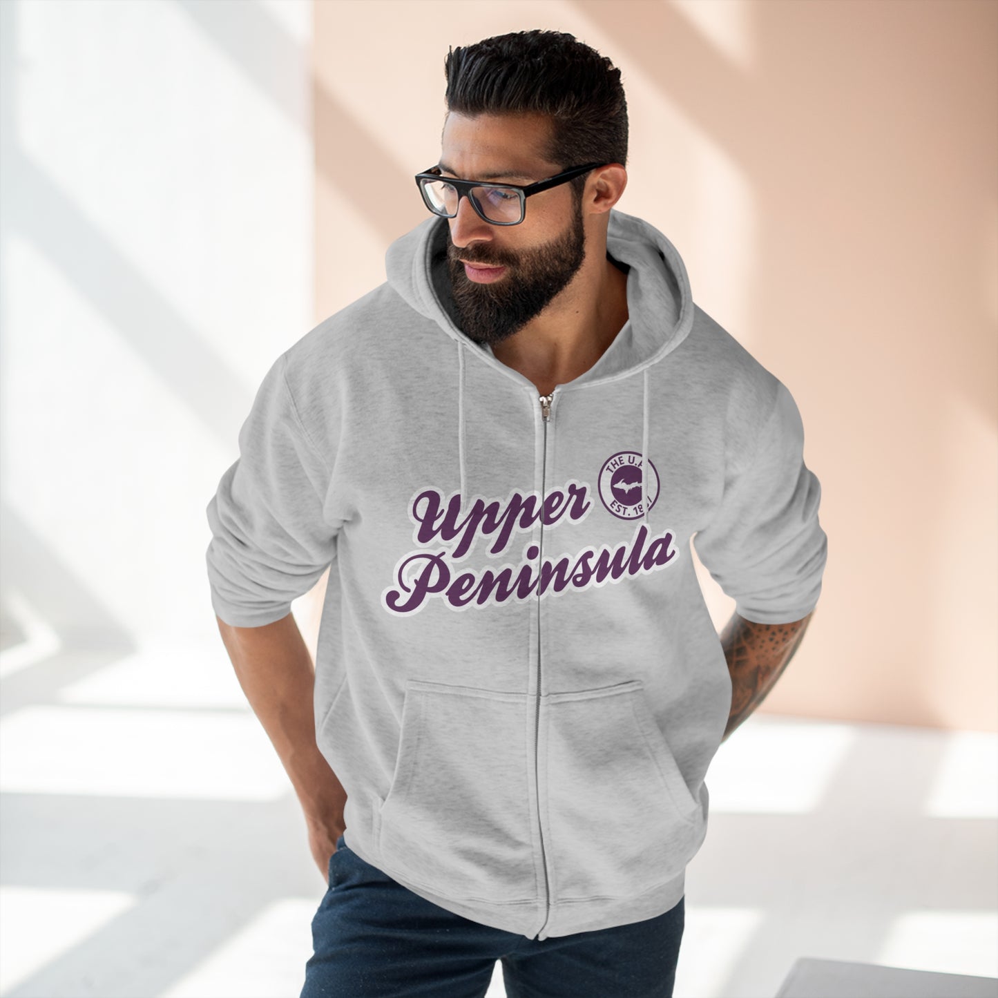 'Upper Peninsula EST 1837' Hoodie (Plum Script Font) | Unisex Full Zip