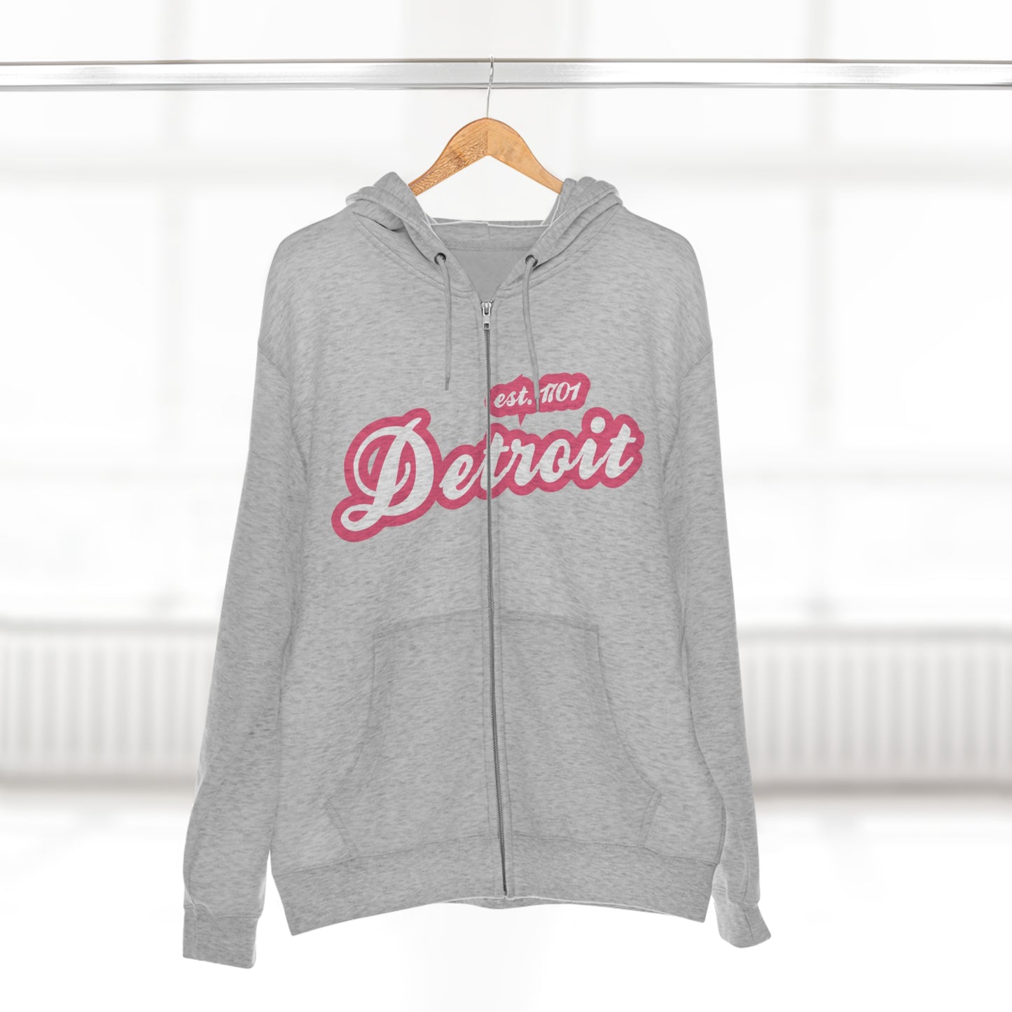 'Detroit EST 1701' Hoodie (Rhodochrosite Pink Script Font) | Unisex Full Zip