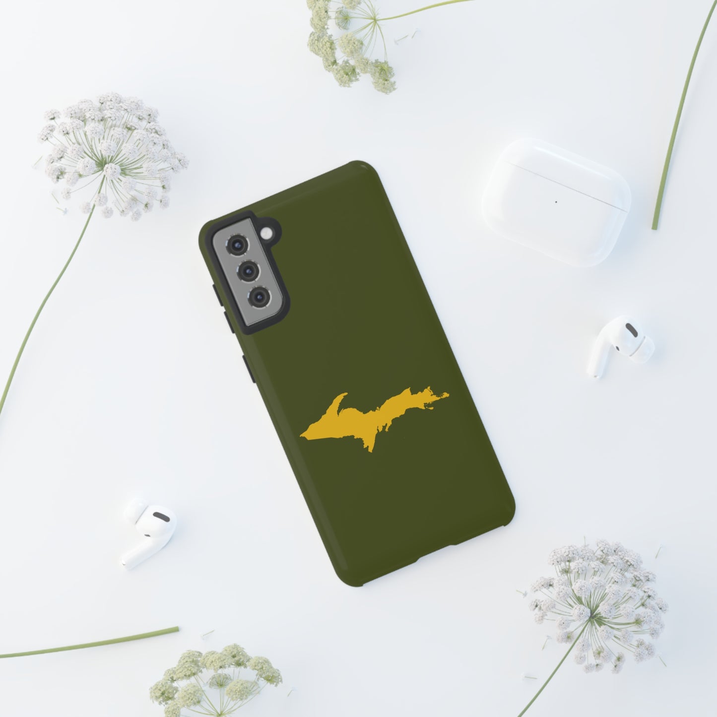 Michigan Upper Peninsula Tough Phone Case (Army Green w/ Gold UP Outline) | Samsung & Pixel Android