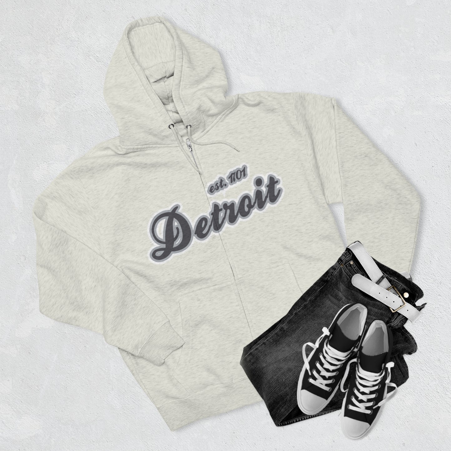 'Detroit EST 1701' Hoodie (Iron Ore Grey Script Font) | Unisex Full Zip