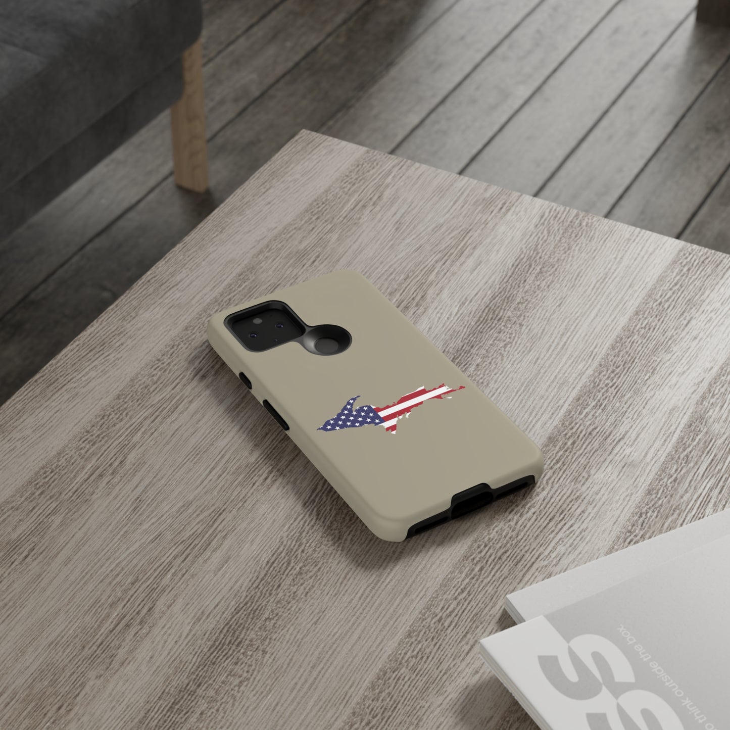 Michigan Upper Peninsula Tough Phone Case (Petoskey Stone Beige w/ UP USA Flag Outline) | Samsung & Pixel Android