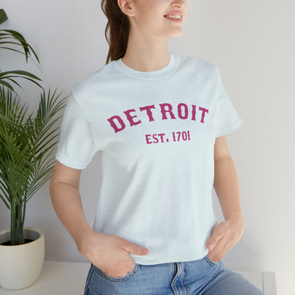 'Detroit EST. 1701' T-Shirt (Apple Blossom Pink Ballpark Font) | Unisex Standard