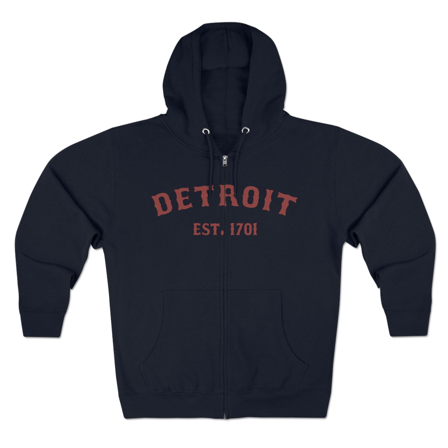 'Detroit EST. 1701' Hoodie (Ore Dock Red Ballpark Font) | Unisex Full Zip