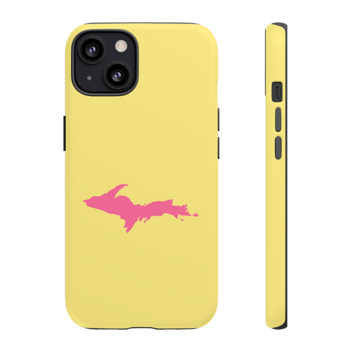 Michigan Upper Peninsula Tough Phone Case (Yellow Cherry Color w/ Pink UP Outline) | Apple iPhone