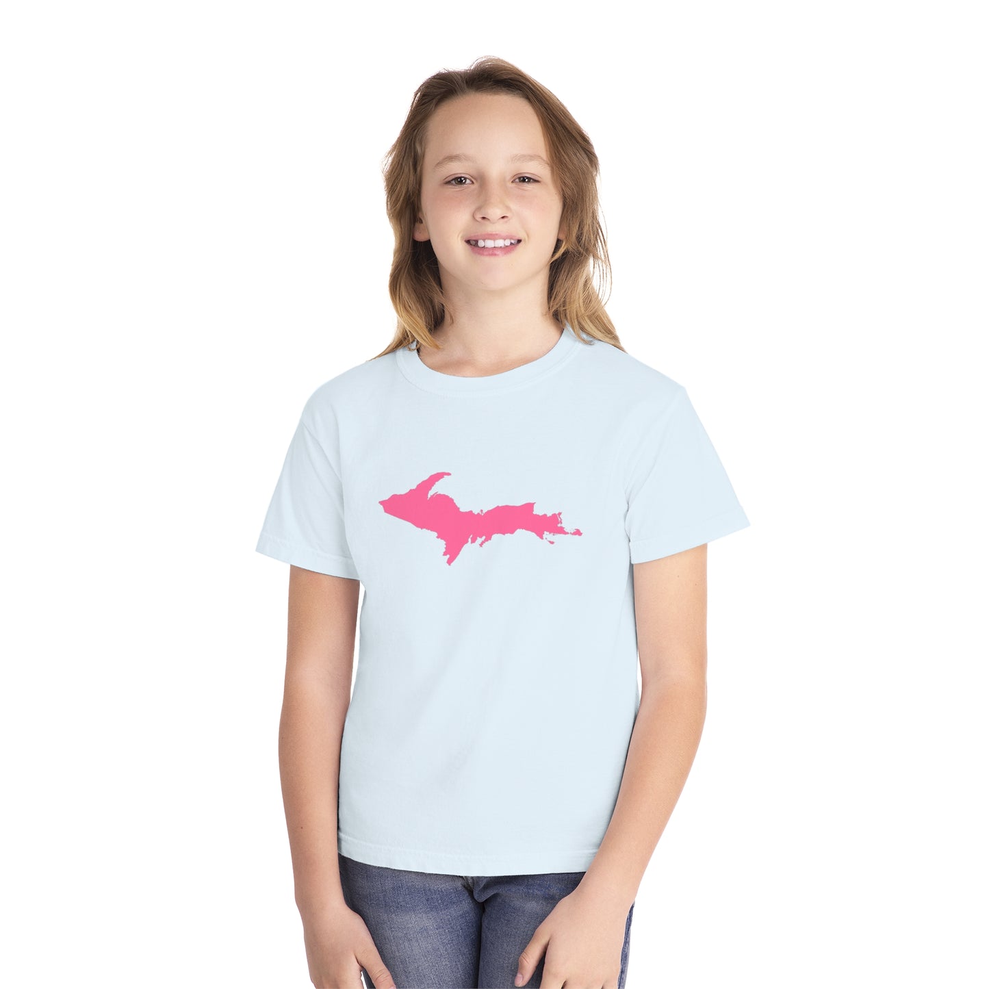 Michigan Upper Peninsula T-Shirt (w/ Pink UP Outline) | Youth Garment-Dyed