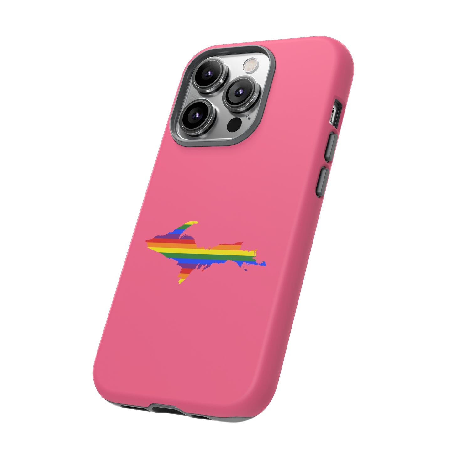 Michigan Upper Peninsula Tough Phone Case (Rhodochrosite Pink w/ UP Pride Flag Outline) | Apple iPhone