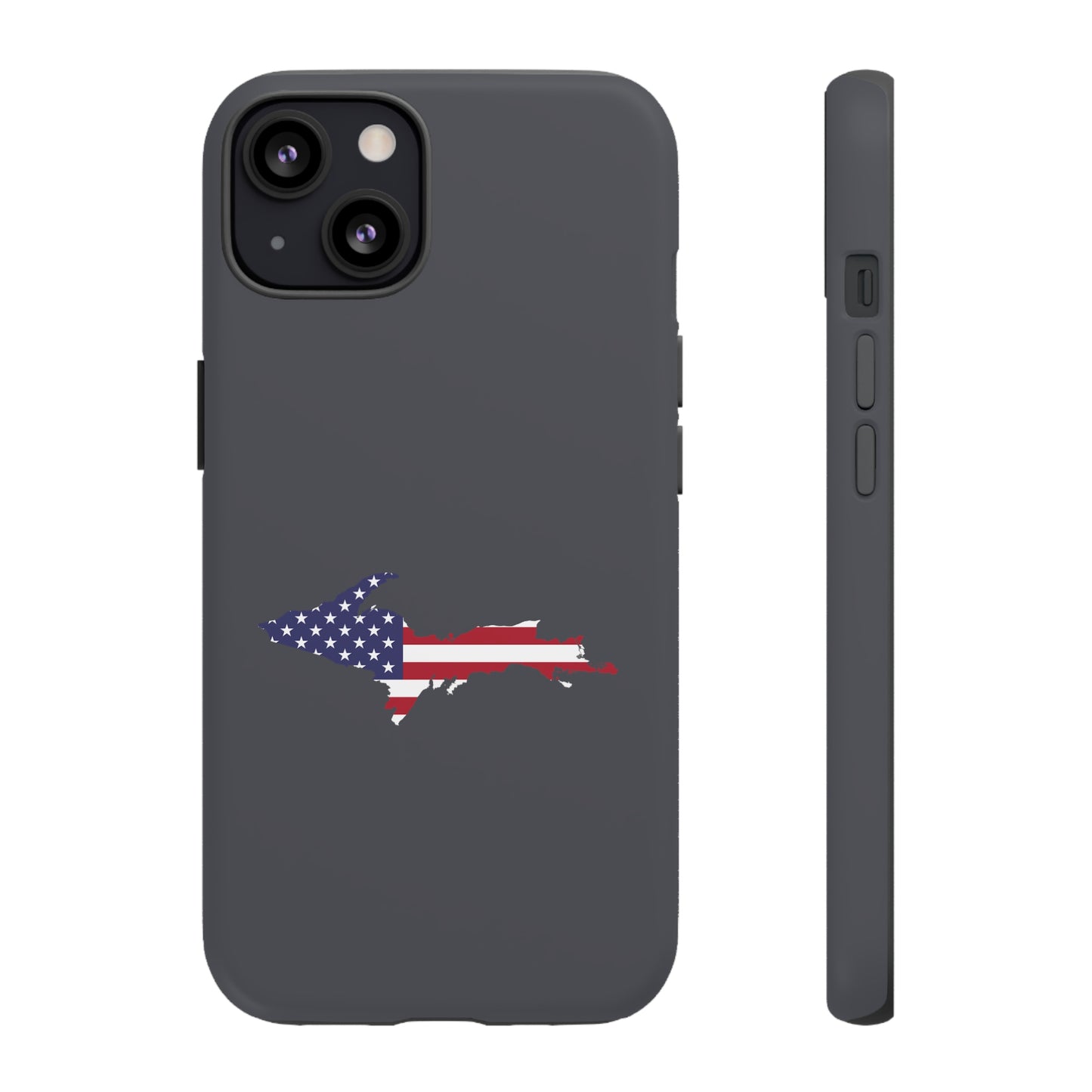 Michigan Upper Peninsula Tough Phone Case (Iron Ore Grey w/ UP USA Flag Outline) | Apple iPhone