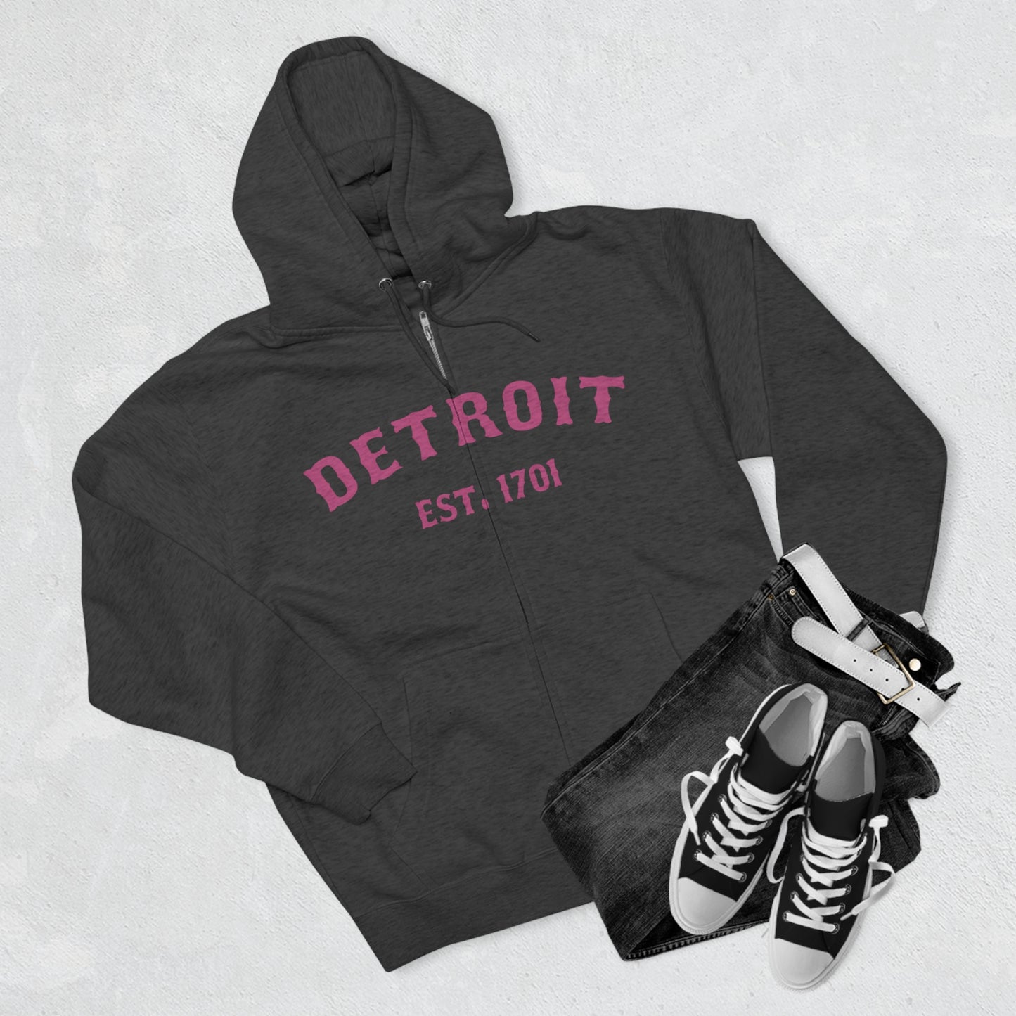 'Detroit EST. 1701' Hoodie (Apple Blossom Pink Ballpark Font) | Unisex Full Zip