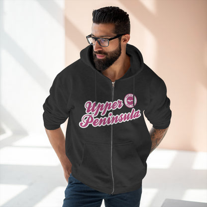 'Upper Peninsula EST 1837' Hoodie (Apple Blossom Pink Script Font) | Unisex Full Zip