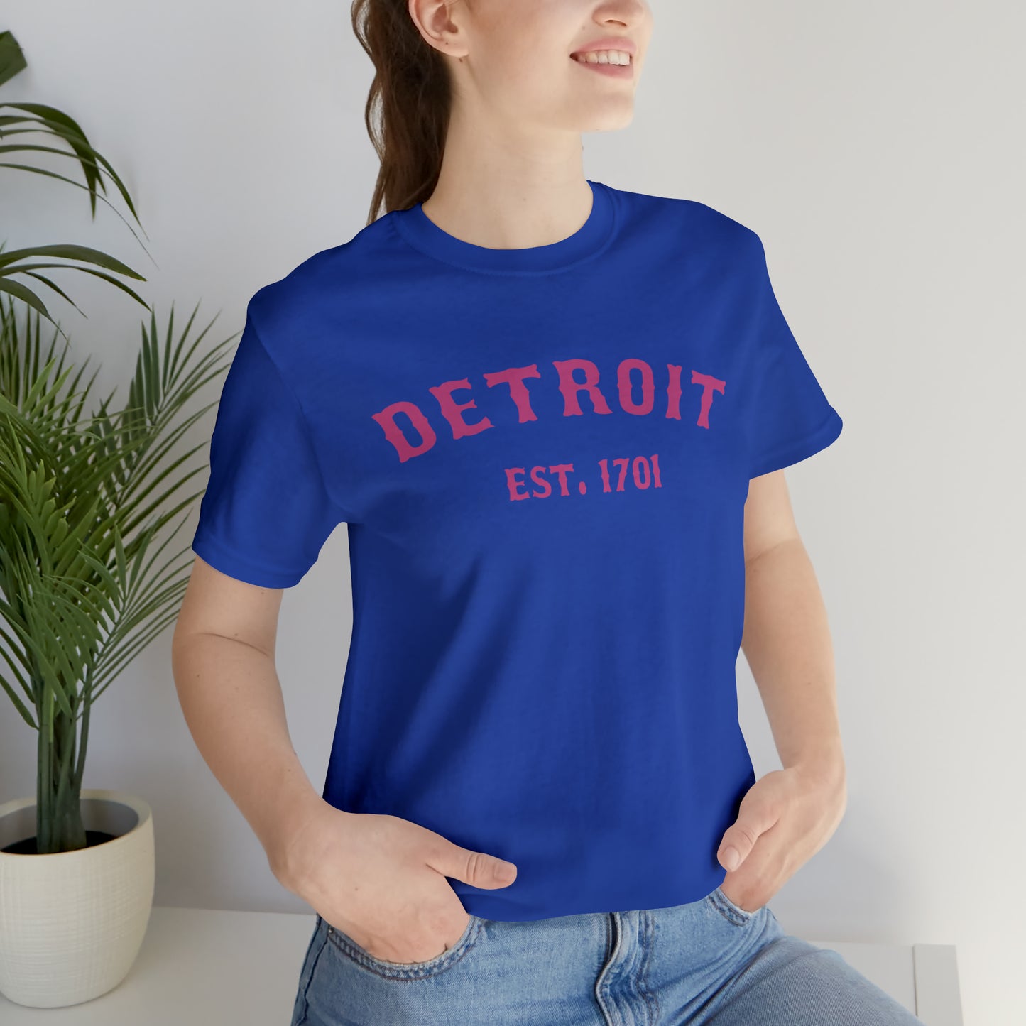 'Detroit EST. 1701' T-Shirt (Apple Blossom Pink Ballpark Font) | Unisex Standard