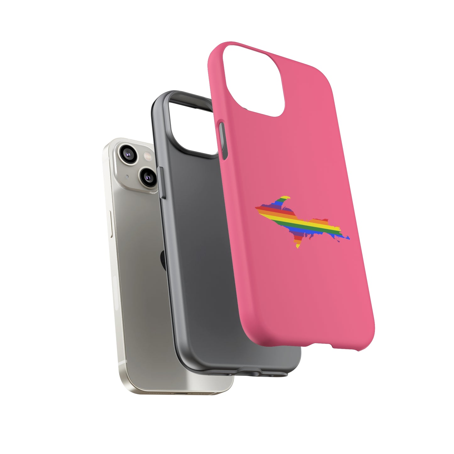 Michigan Upper Peninsula Tough Phone Case (Rhodochrosite Pink w/ UP Pride Flag Outline) | Apple iPhone