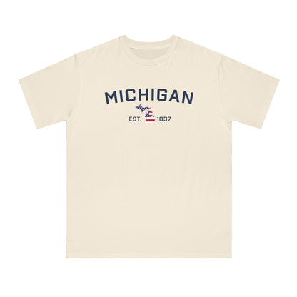 'Michigan EST 1837' T-Shirt (w/ MI USA Flag Outline)| Organic Unisex