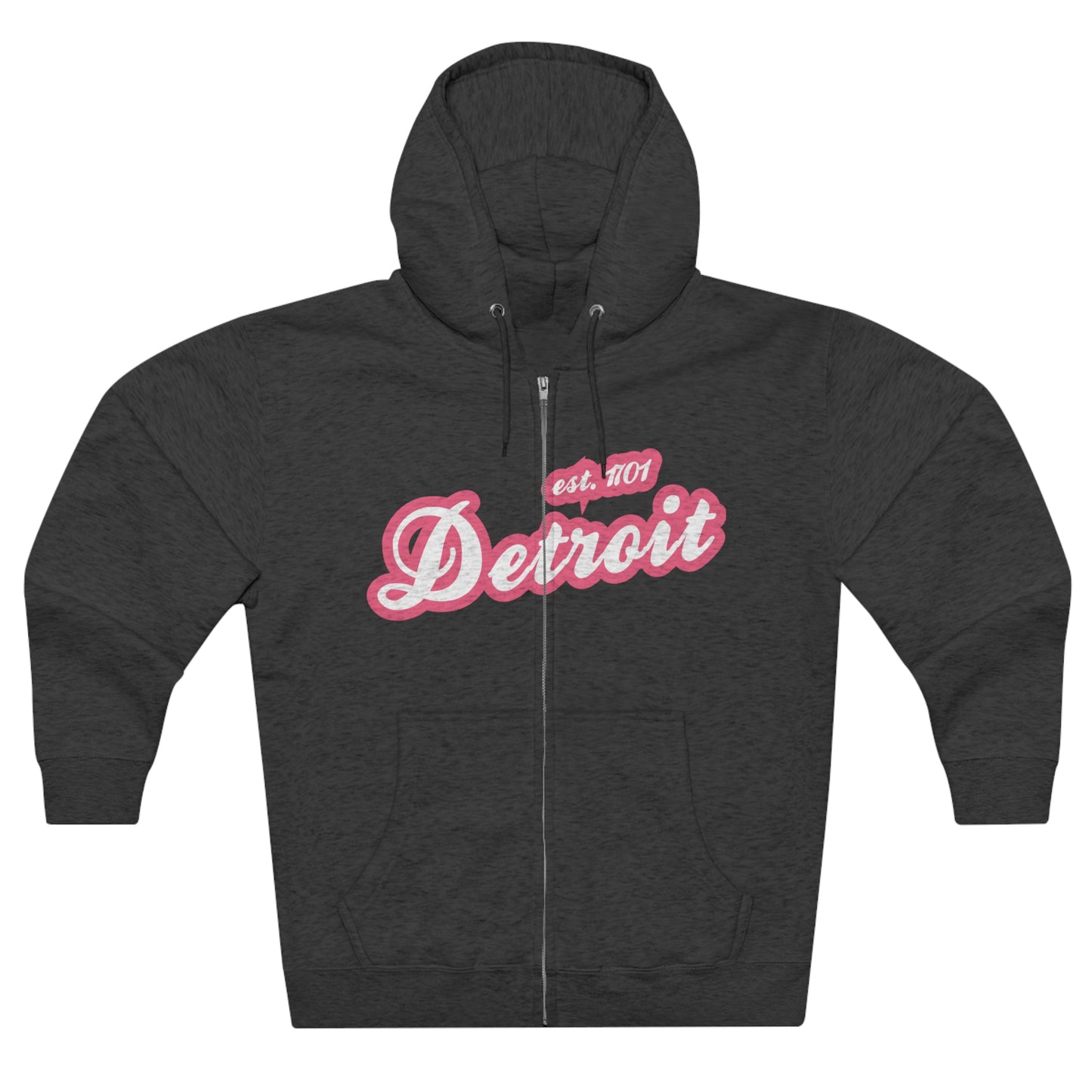 'Detroit EST 1701' Hoodie (Rhodochrosite Pink Script Font) | Unisex Full Zip