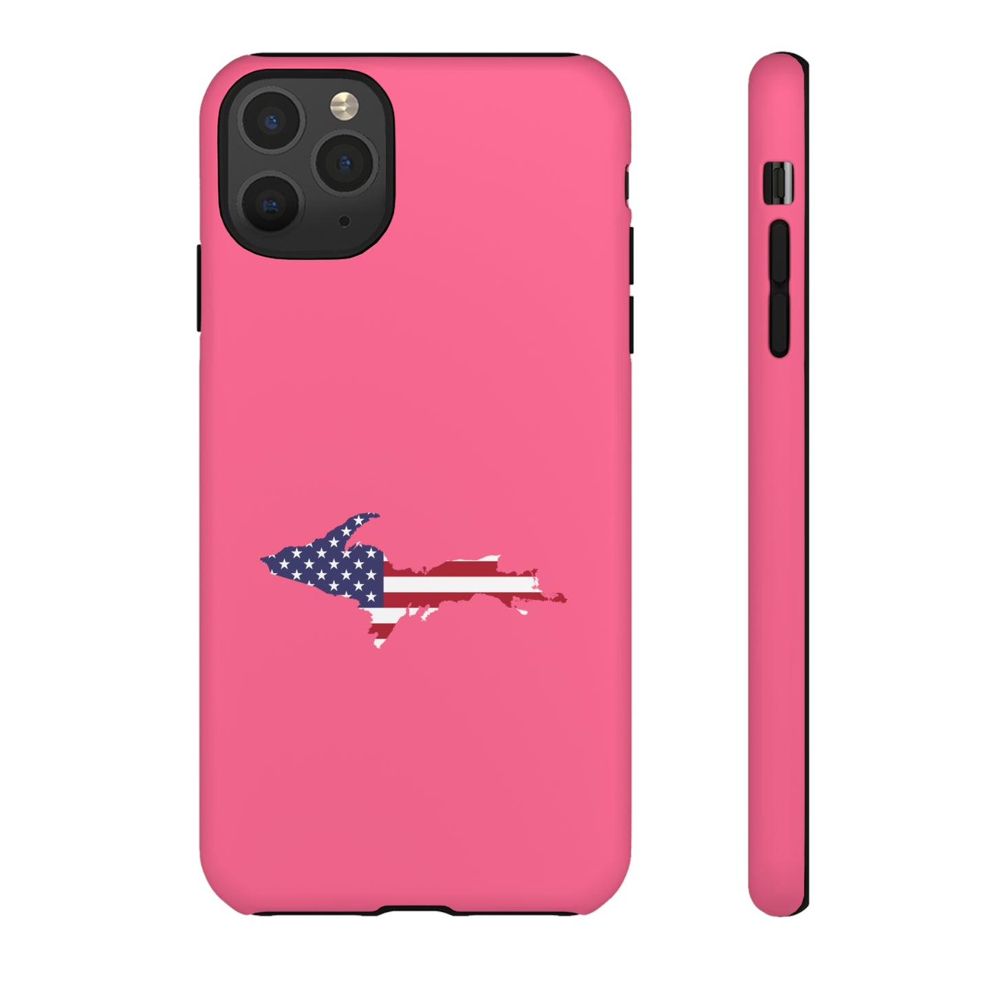 Michigan Upper Peninsula Tough Phone Case (Rhodochrosite Pink w/ UP USA Flag Outline) | Apple iPhone