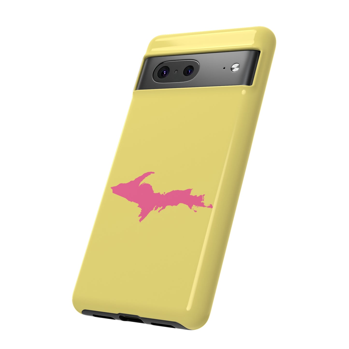 Michigan Upper Peninsula Tough Phone Case (Yellow Cherry Color w/ Pink UP Outline) | Samsung & Pixel Android