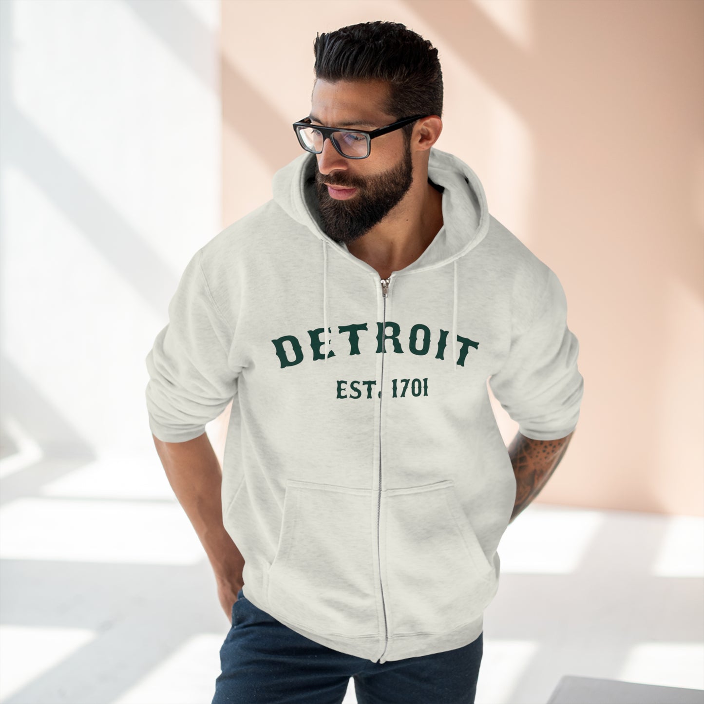 'Detroit EST. 1701' Hoodie (Laconic Green Ballpark Font) | Unisex Full Zip