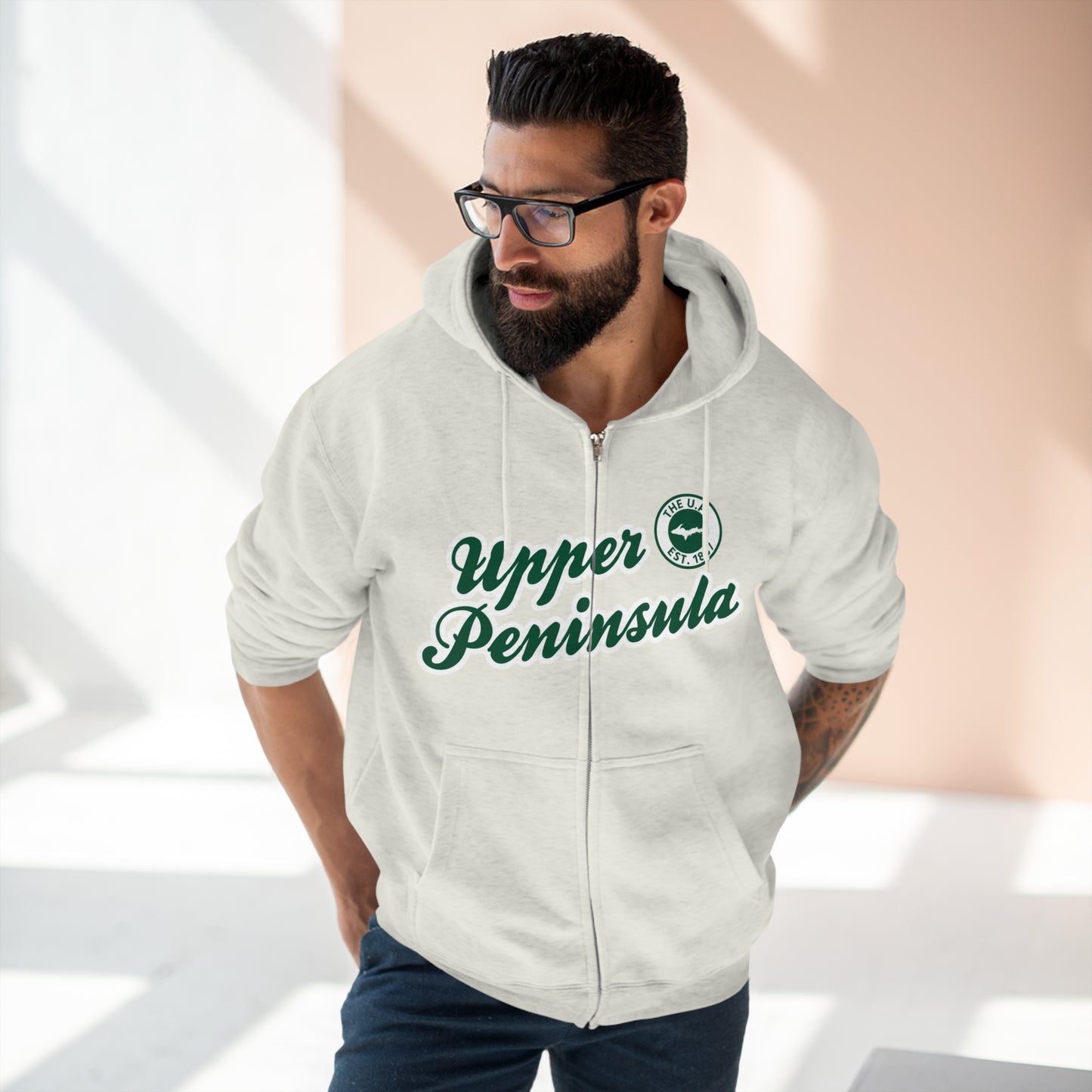 Upper Peninsula EST 1837' Hoodie (Superior Green Script Font) | Unisex Full Zip