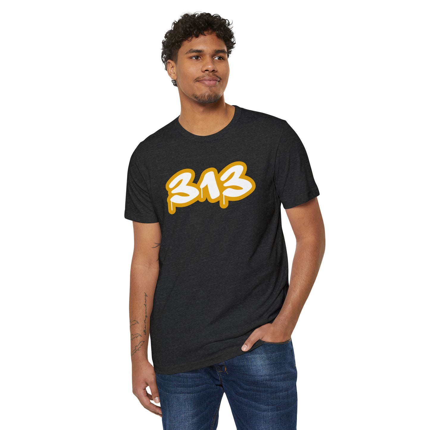 Detroit '313' T-Shirt (Tag Font w/ Gold Stroke) | Unisex Recycled Organic