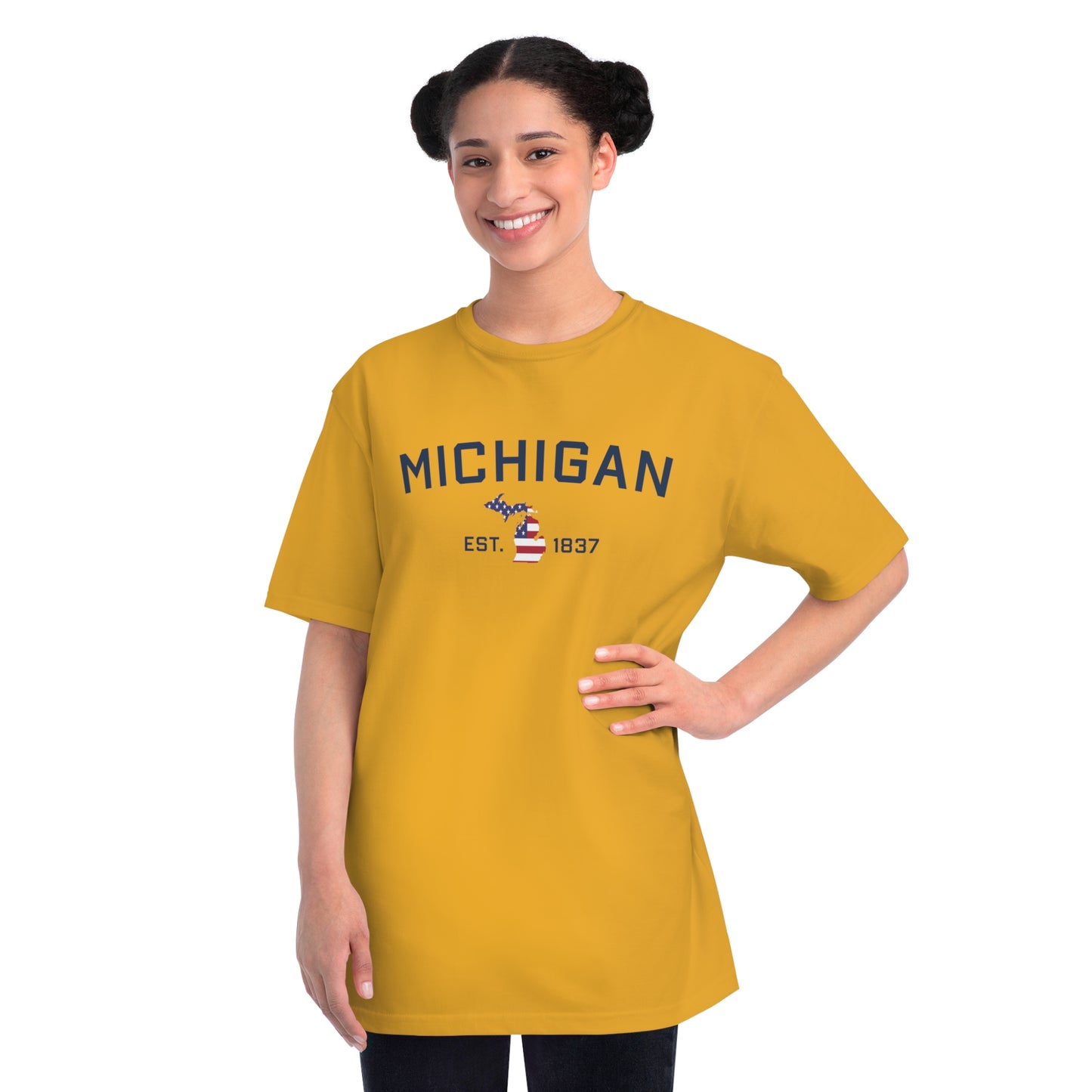 'Michigan EST 1837' T-Shirt (w/ MI USA Flag Outline)| Organic Unisex