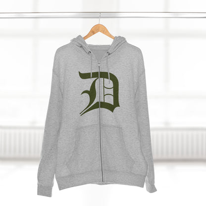 Detroit 'Old English D' Hoodie (Full-Body Army Green) | Unisex Full Zip