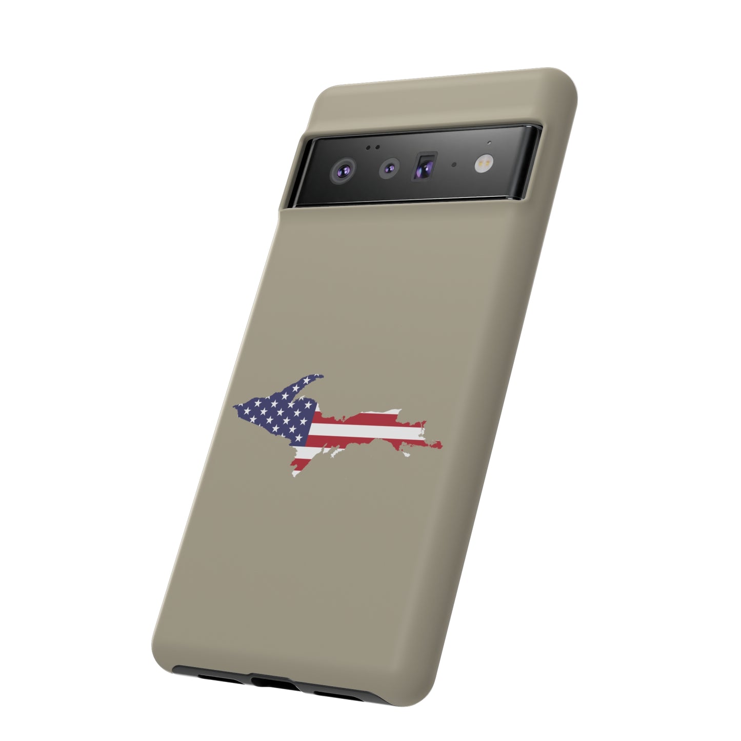 Michigan Upper Peninsula Tough Phone Case (Petoskey Stone Beige w/ UP USA Flag Outline) | Samsung & Pixel Android