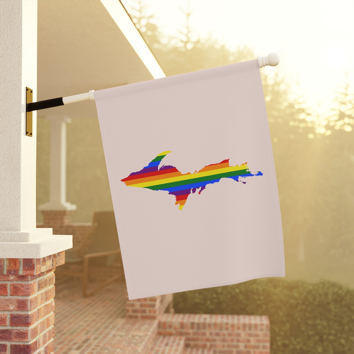 Michigan Upper Peninsula Home & Garden Flag (w/ UP Rainbow Pride Flag) | Champagne Pink