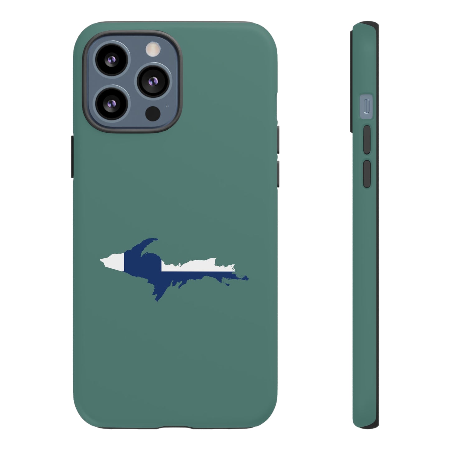 Michigan Upper Peninsula Tough Phone Case (Copper Green w/ UP Finland Flag Outline) | Apple iPhone