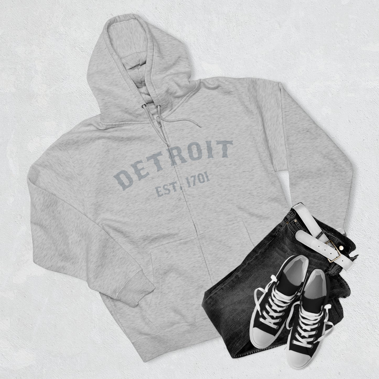 'Detroit EST. 1701' Hoodie (Silver Ballpark Font) | Unisex Full Zip