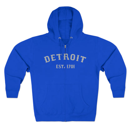 'Detroit EST. 1701' Hoodie (Silver Ballpark Font) | Unisex Full Zip