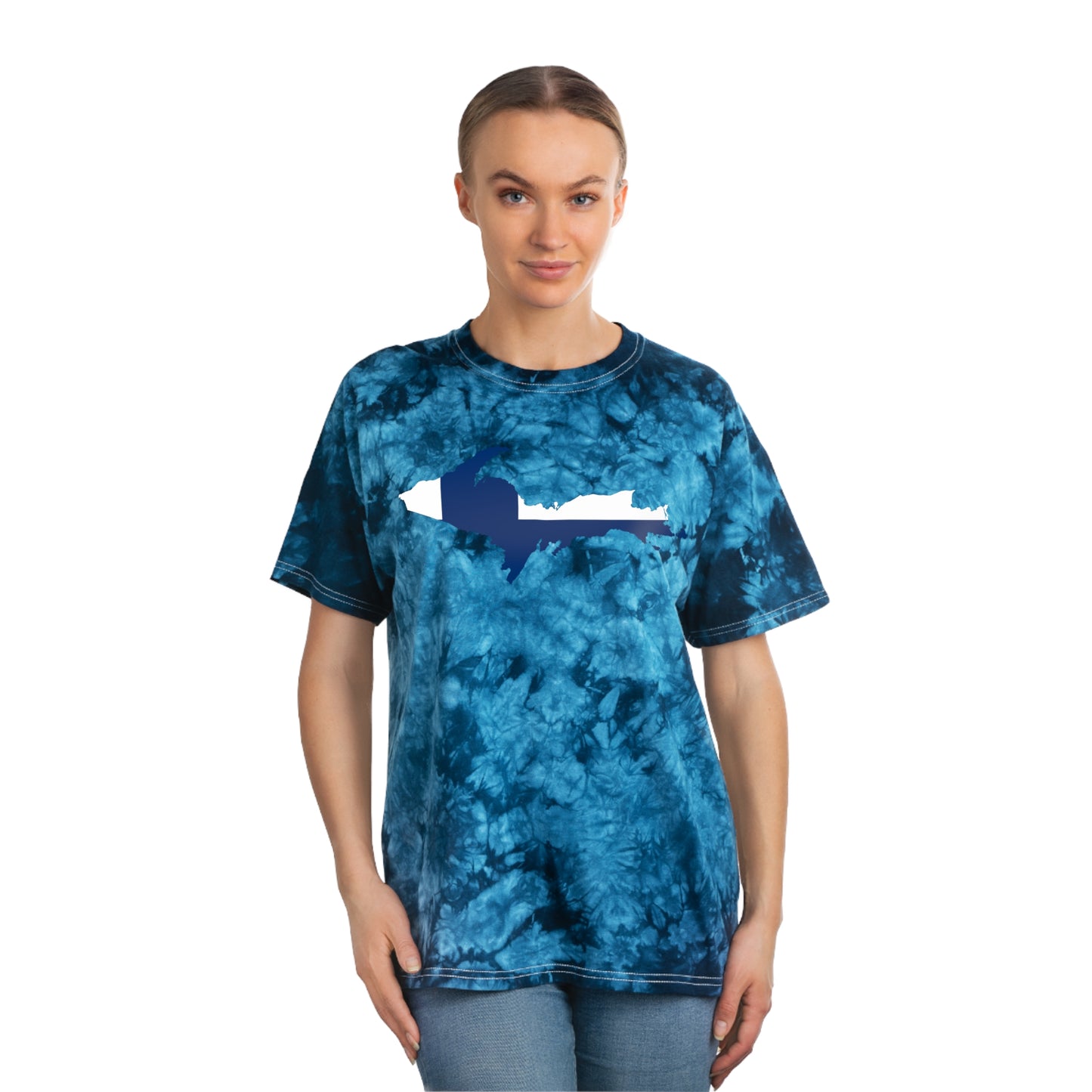 Michigan Upper Peninsula Tie-Dye T-Shirt (w/ UP Finland Flag) | Unisex Crystal