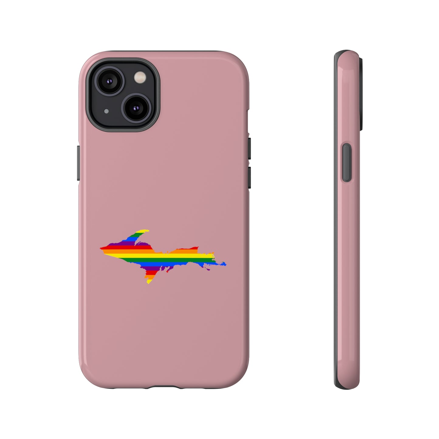 Michigan Upper Peninsula Tough Phone Case (Cherry Blossom Pink w/ UP Pride Flag Outline) | Apple iPhone