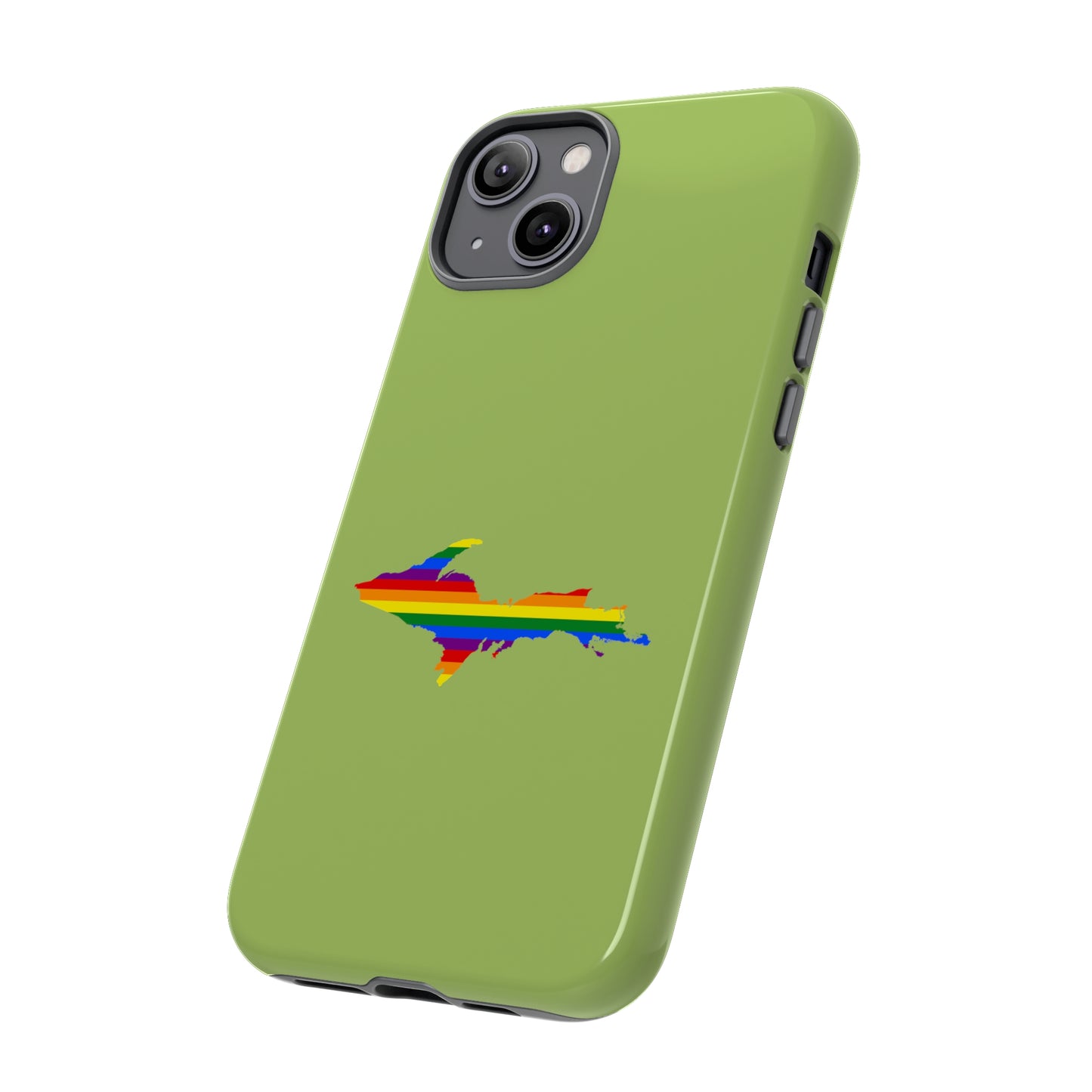 Michigan Upper Peninsula Tough Phone Case (Gooseberry Green w/ UP Pride Flag Outline) | Apple iPhone