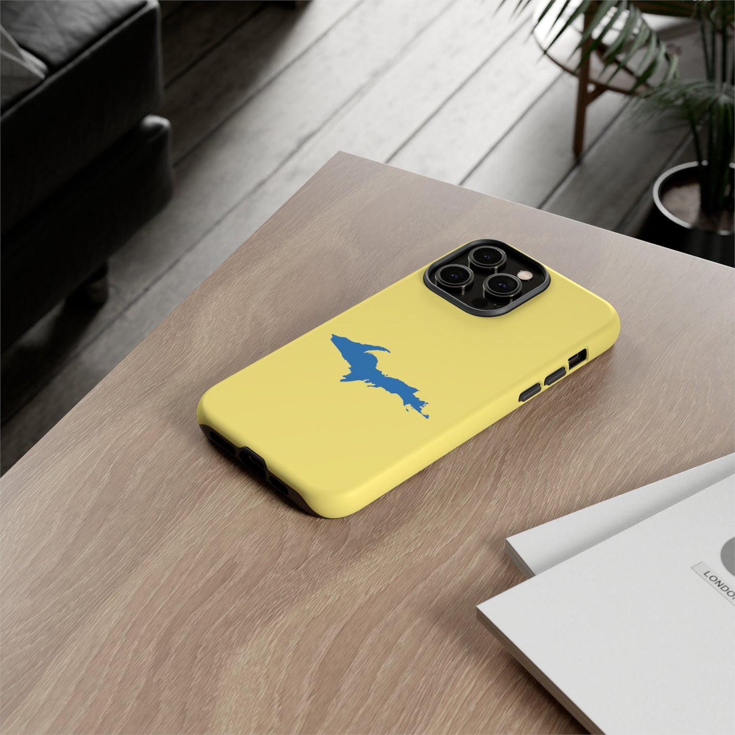 Michigan Upper Peninsula Tough Phone Case (Yellow Cherry Color w/ Azure UP Outline) | Apple iPhone