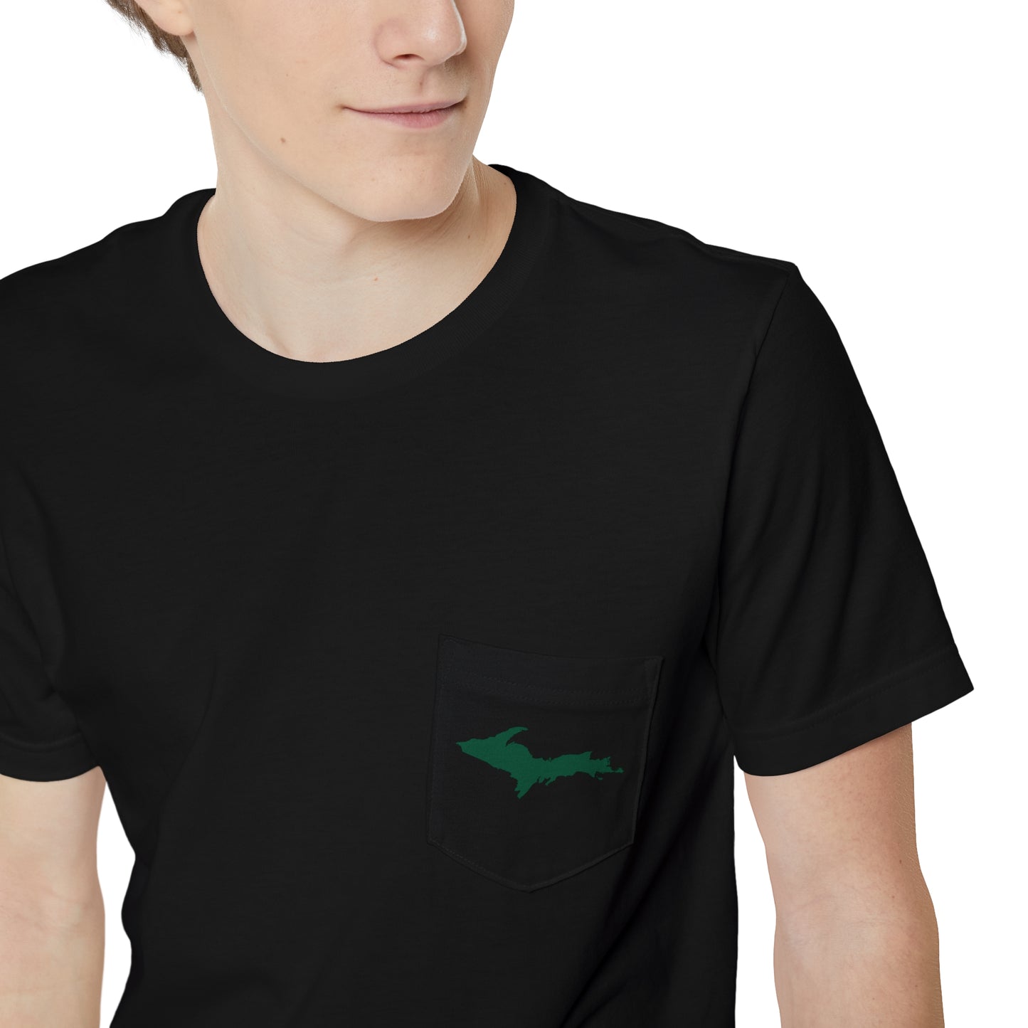 Michigan Upper Peninsula Pocket T-Shirt (w/ Green UP Outline) | Unisex Standard