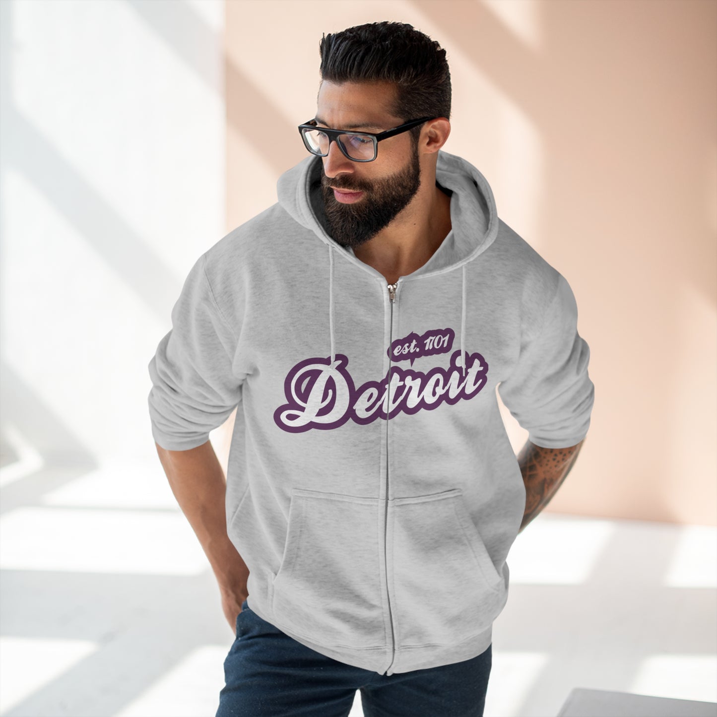 'Detroit EST 1701' Hoodie (Plum Script Font) | Unisex Full Zip