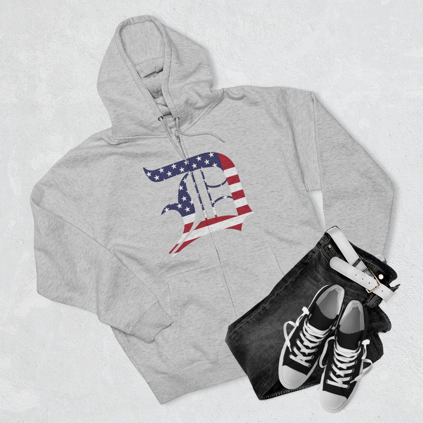 Detroit 'Old English D' Hoodie (Full-Body Patriotic Edition) | Unisex Full Zip