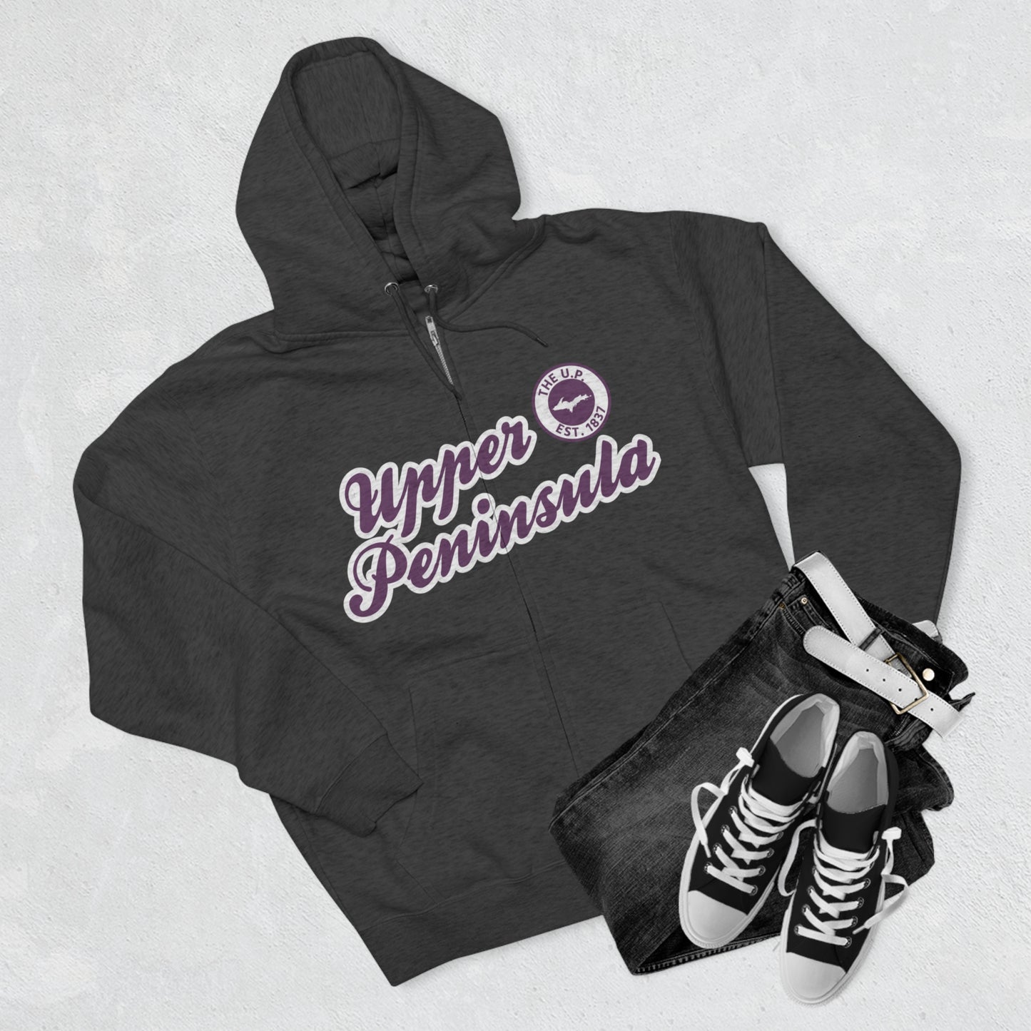 'Upper Peninsula EST 1837' Hoodie (Plum Script Font) | Unisex Full Zip