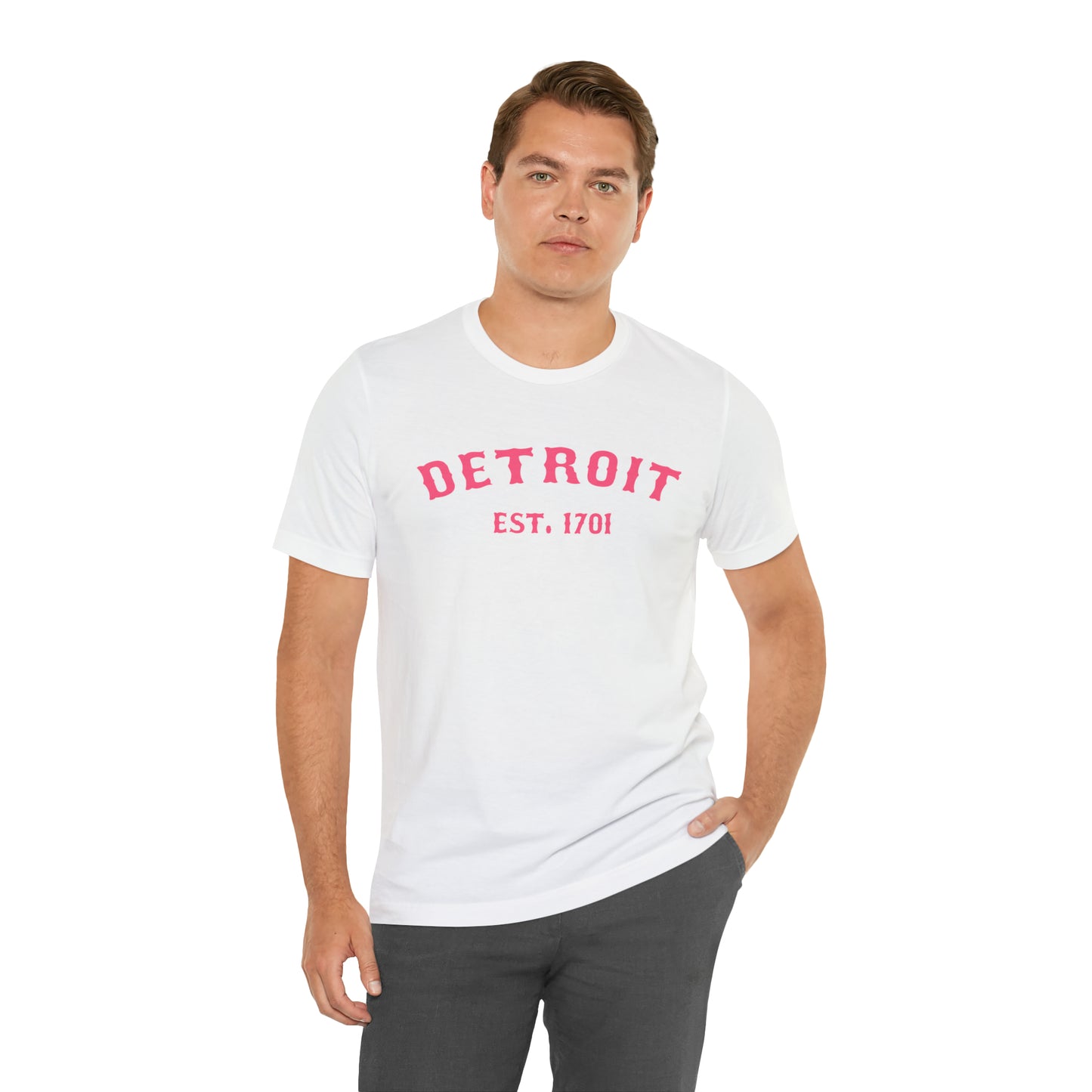 'Detroit EST. 1701' T-Shirt (Rhodochrosite Pink Ballpark Font) | Unisex Standard