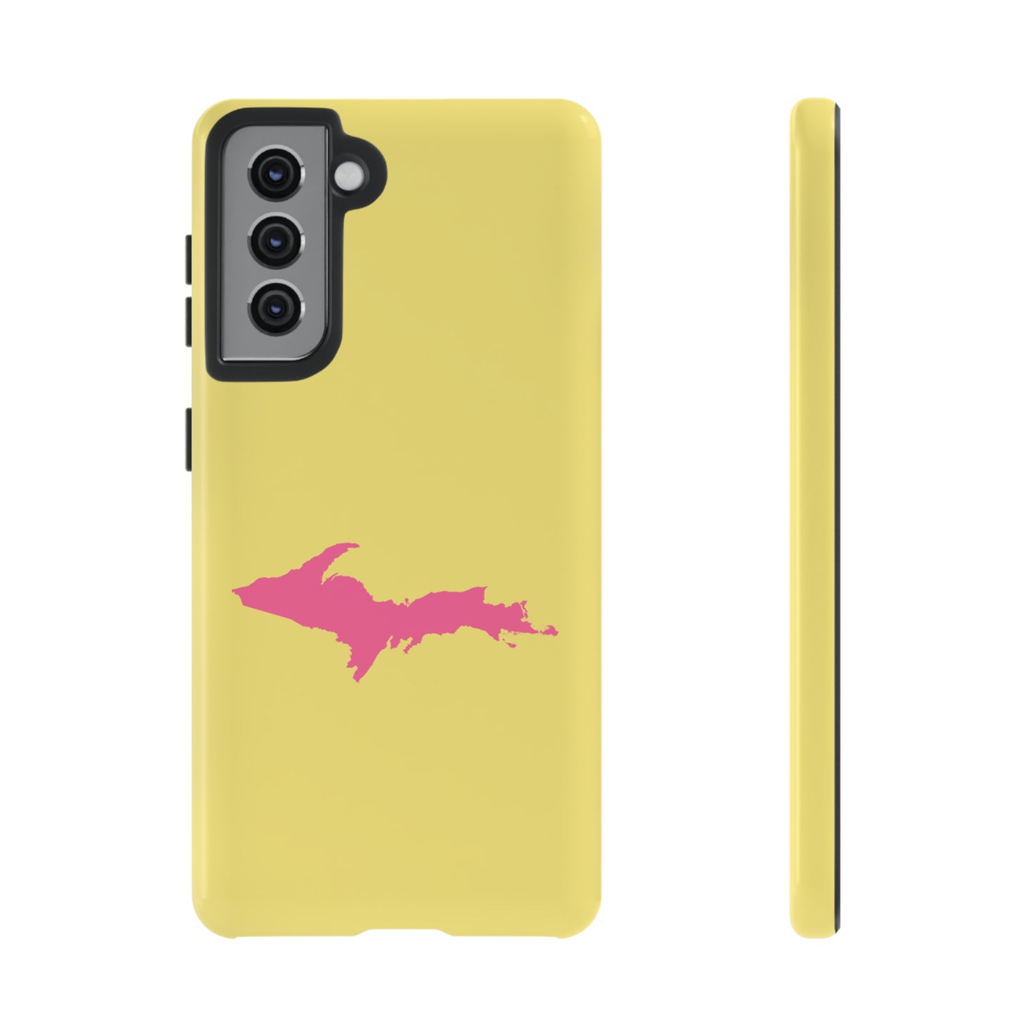 Michigan Upper Peninsula Tough Phone Case (Yellow Cherry Color w/ Pink UP Outline) | Samsung & Pixel Android