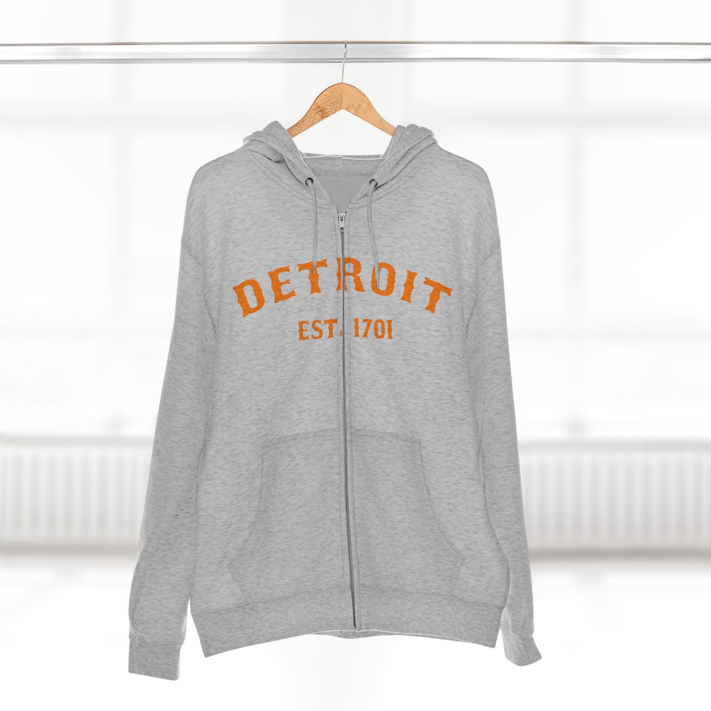 'Detroit EST. 1701' Hoodie (Orange Ballpark Font) | Unisex Full Zip