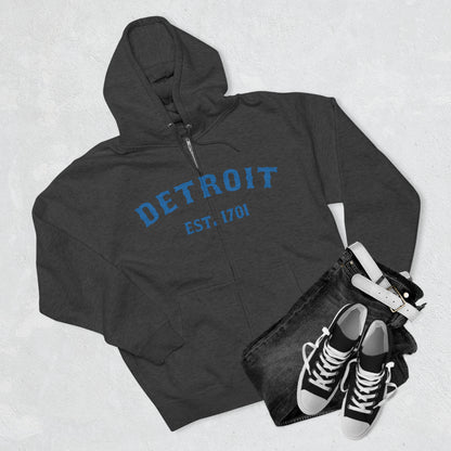 'Detroit EST. 1701' Hoodie (Azure Ballpark Font) | Unisex Full Zip