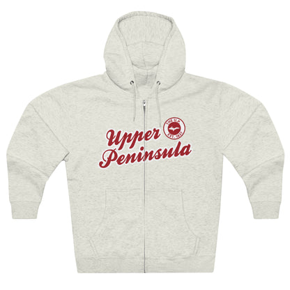 'Upper Peninsula EST 1837' Hoodie (Thimbleberry Red Script Font) | Unisex Full Zip