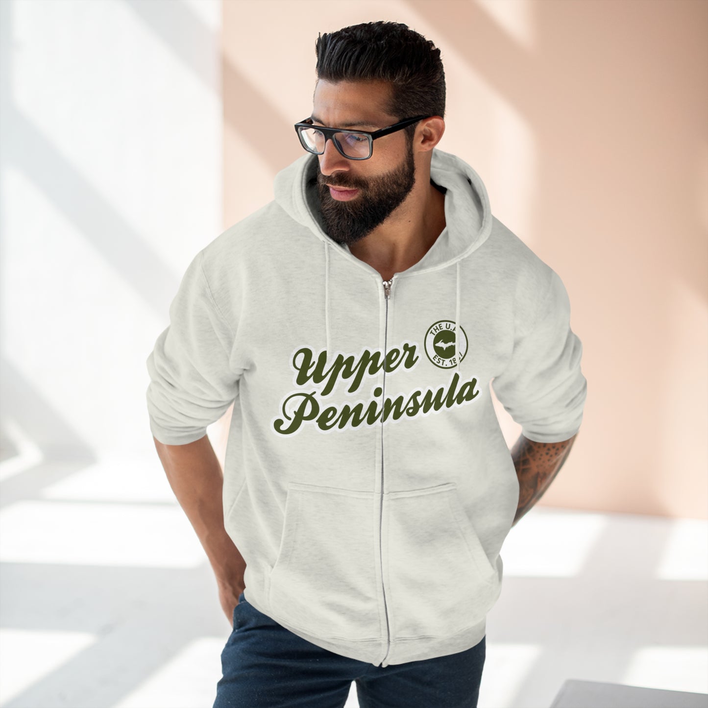 'Upper Peninsula EST 1837' Hoodie (Army Green Script Font) | Unisex Full Zip