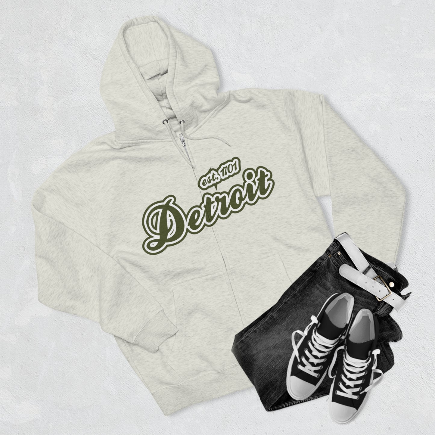 'Detroit EST 1701' Hoodie (Army Green Script Font) | Unisex Full Zip