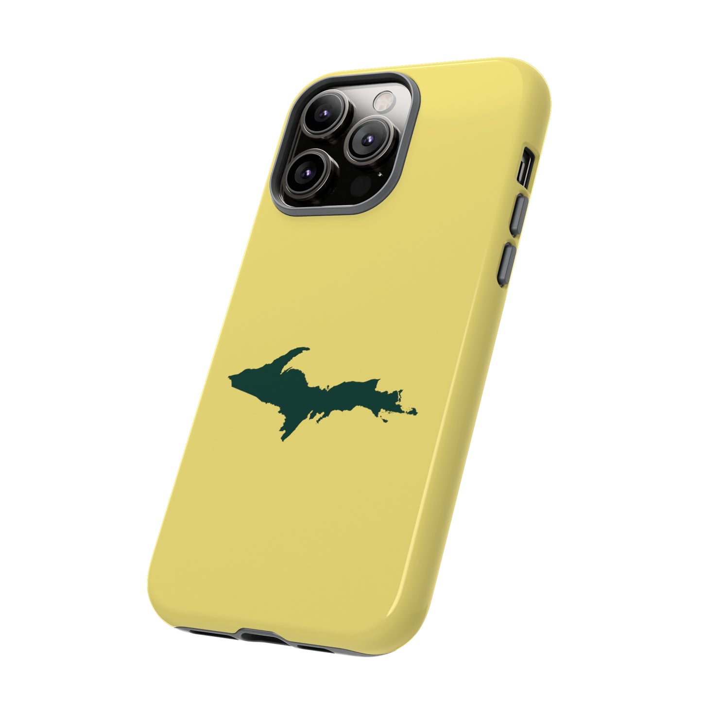 Michigan Upper Peninsula Tough Phone Case (Yellow Cherry Color w/ Green UP Outline) | Apple iPhone