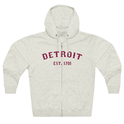 'Detroit EST. 1701' Hoodie (Ruby Red Ballpark Font) | Unisex Full Zip